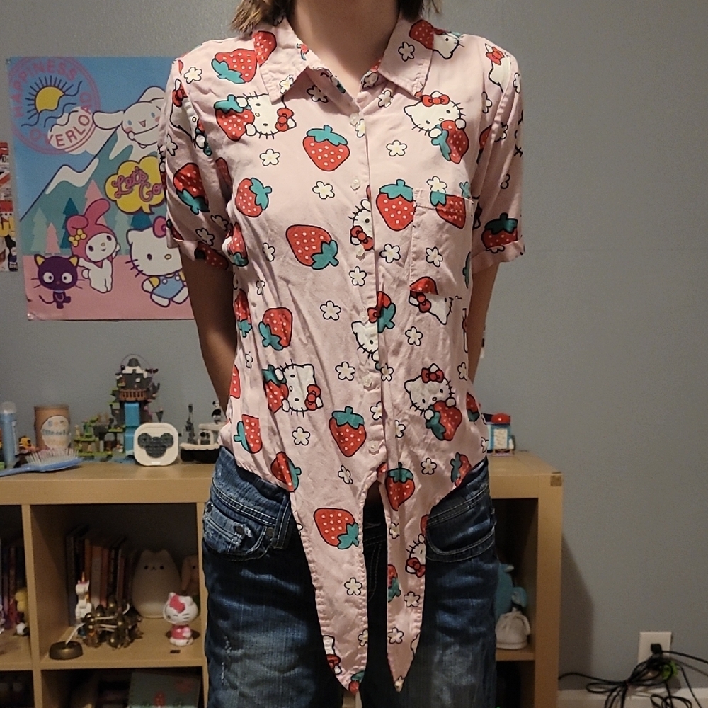 Strawberry Print Pink Button-Up Shirt